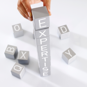 Picture of building blocks spelling out the word Expertise in grey and white.